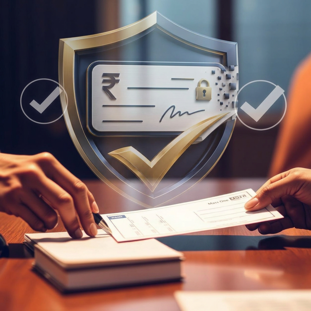Illustration of a bank cheque exchange protected by the Safe Cheque shield